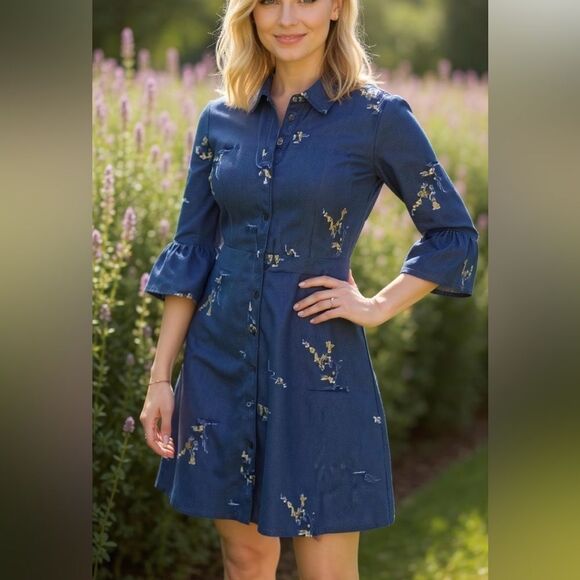 Draper James Embroidered Chambray Dark Wash Floral Shirtdress Size 0 - Picture 1 of 5